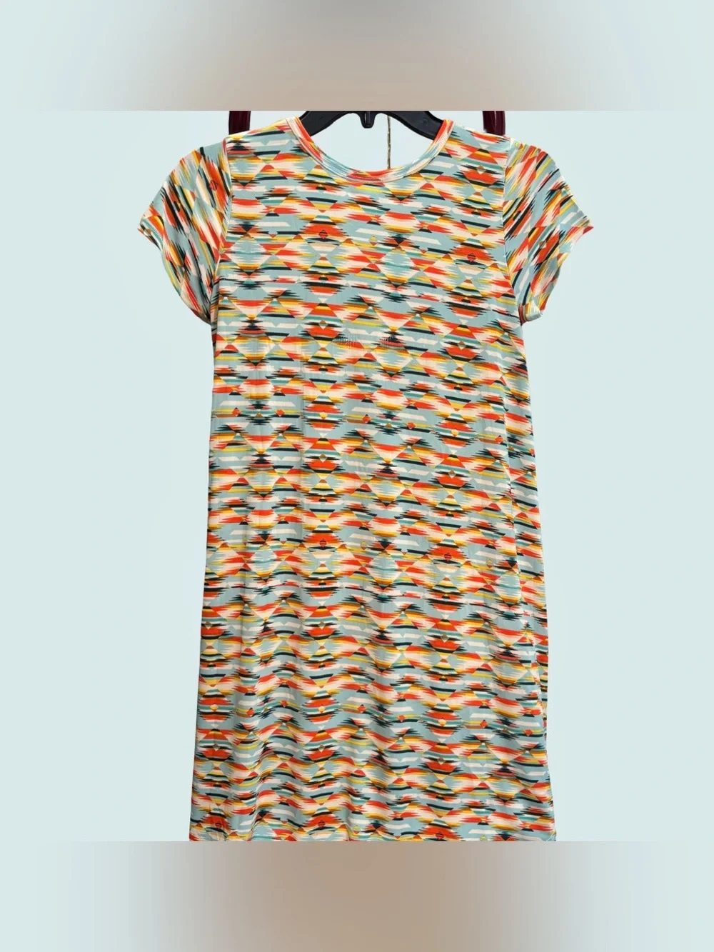 EUC LuLaRoe Girls Scarlett Dress, Sz 12, Aztec Design - Teal, Orange, Yellow - Picture 2 of 13
